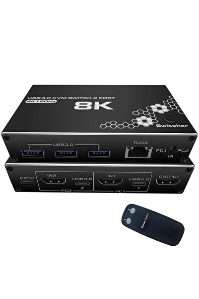 Alfais 4669 Kumandalı Usb 3.0 4k Hdmi Kvm Switch 2 Port Rj45 Ethernet Pc Kasa...