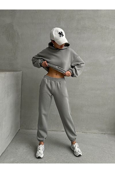 BEJNA Graues Damen-Trainingsanzug-Set aus Baumwollfleece