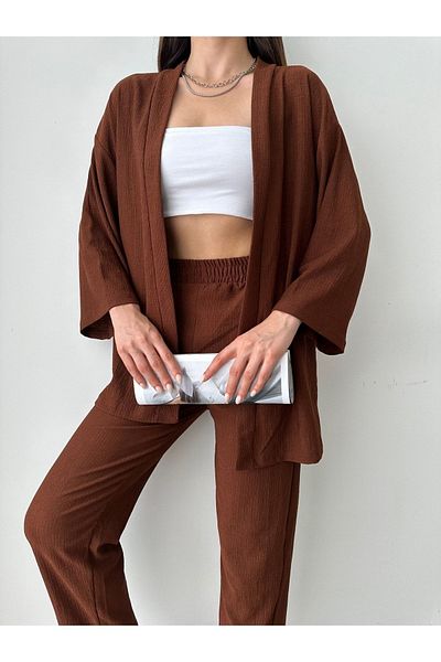 BEJNA Braunes Kimono-Hosen-Strickset für Damen