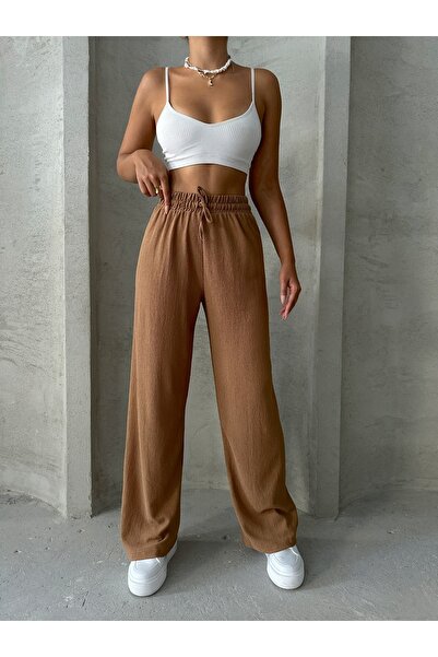 BEJNA Women's Camel Waist Elastic Palazzo Trousers