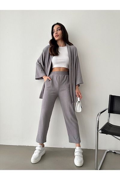 BEJNA Graues Kimono-Hosen-Strickset für Damen