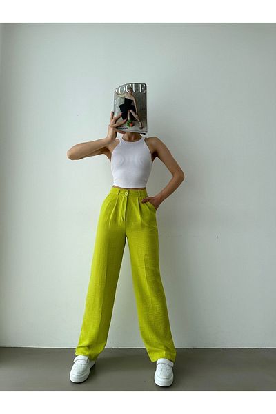 BEJNA Pantaloni Palazzo din in verde fistic cu talie înaltă - Design plisat
