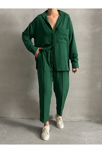 BEJNA Damen-Set aus übergroßem Leinenhemd, Hose, Unterteil und Oberteil