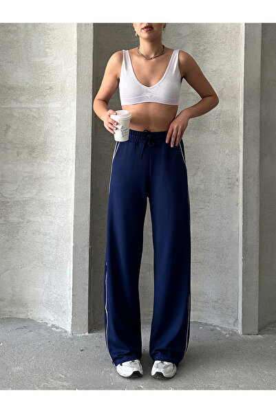 BEJNA Női sötétkék modális texturált csíkos, bő nadrág