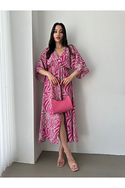 BEJNA Γυναικείο Μακρύ καλοκαιρινό φόρεμα με ροζ διπλό γιακά με σκίσιμο