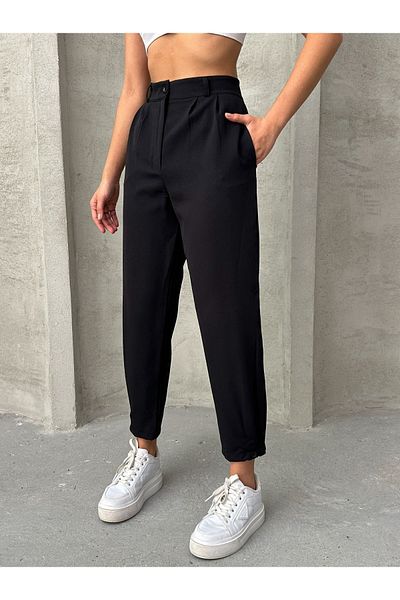 BEJNA Schwarze Bundfaltenhose für Damen - geknöpftes Bein