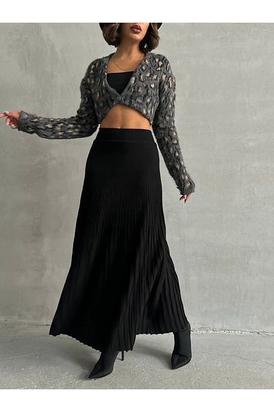 BEJNA Schwarzer, plissierter langer Strickrock für Damen