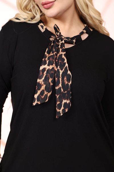 sinemisxxl Leopard Flared Lycra Black Plus Size Blouse