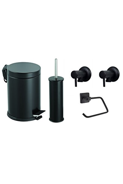 ACAR SU ARMATÜRLERİ Platinum Black Series Bathroom Accessory Set, Black Dustbin, Black Toilet Bowl Intermediate Faucet, Toilet Paper Holder