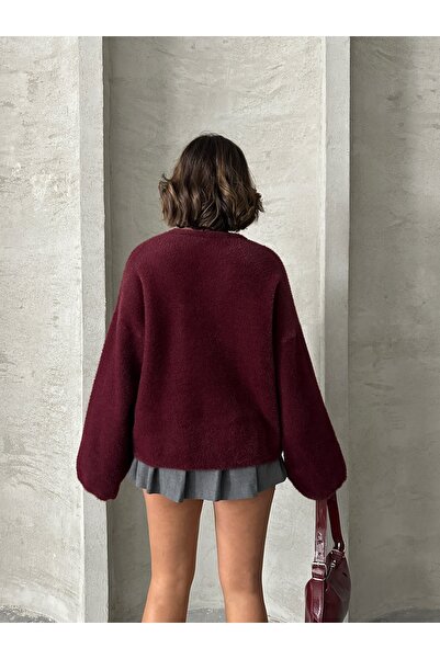 BEJNA Women's Burgundy Crew Neck Oversize Soft Knit Sweater