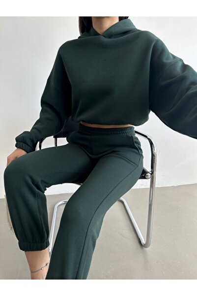 BEJNA Women's Green Cotton Basic Tracksuit Set with Fleece Inside