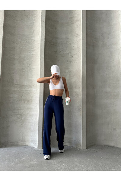 BEJNA Dámské tmavě modré modalové kalhoty s proužkovaným proužkem