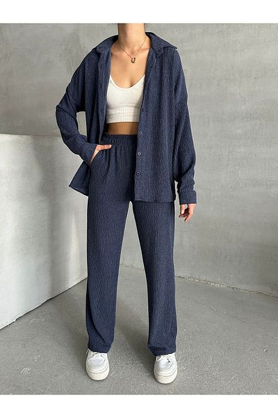 BEJNA Navy Blue Rustic Textured Women's Shirt Set