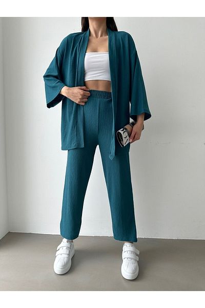 BEJNA Petrolgrünes Kimono-Hosen-Strickset für Damen