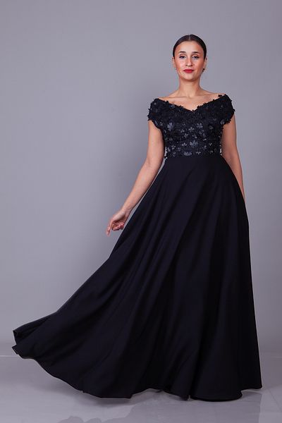 Bidoluelbise Black Boat Neck Floral Tulle Detail Maxi Dress