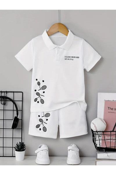 vinraus Girl\Boy White Tennis Racket Printed Shorts-Polo Collar Tshirt Set