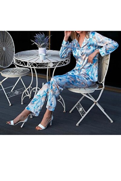 ROZELT Kadın Mavi Desenli Önden Düğmeli Saten Pijama Takımı N.UR.5.6.R.O.5.4.Z.E.L.T.