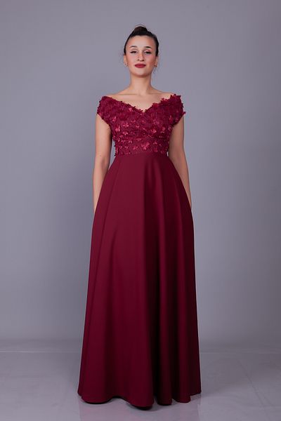 Bidoluelbise Burgundy Boat Neck Floral Tulle Detail Maxi Dress
