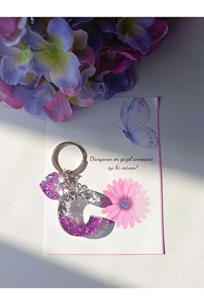 demirbasavm سلسلة مفاتيح إيبكسي مصنوعة يدويًا على شكل حرف C لعيد الأم