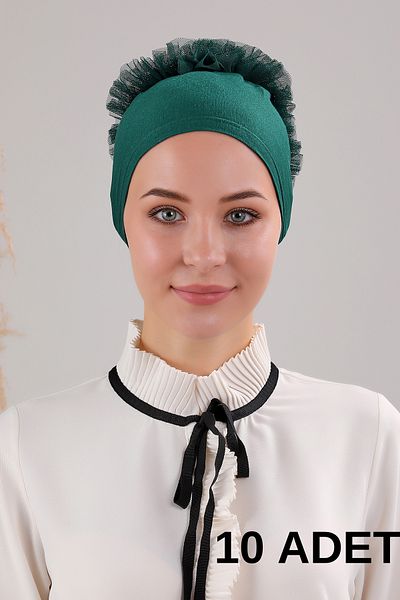 Melodi Scarf Emerald Green 10-Piece Bonnet Hijab with Ruffles and Stitching Detail