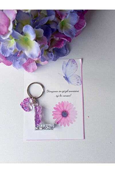 demirbasavm سلسلة مفاتيح إيبكسي مصنوعة يدويًا على شكل حرف L لعيد الأم