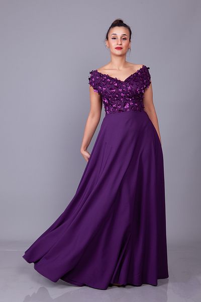 Bidoluelbise Plum Boat Neck Floral Tulle Detail Maxi Dress