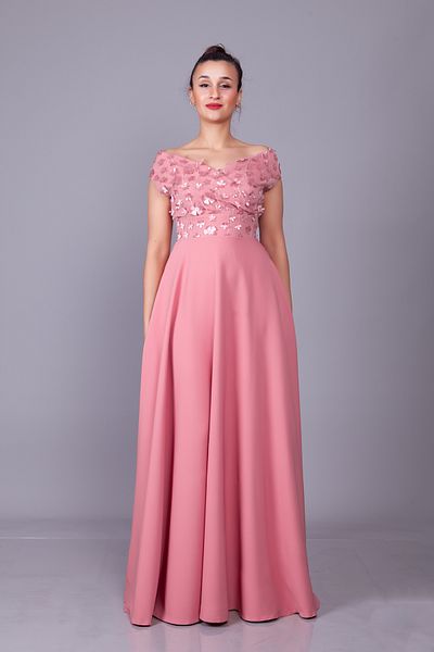 Bidoluelbise Dusty Rose Boat Neck Floral Tulle Detail Maxi Dress