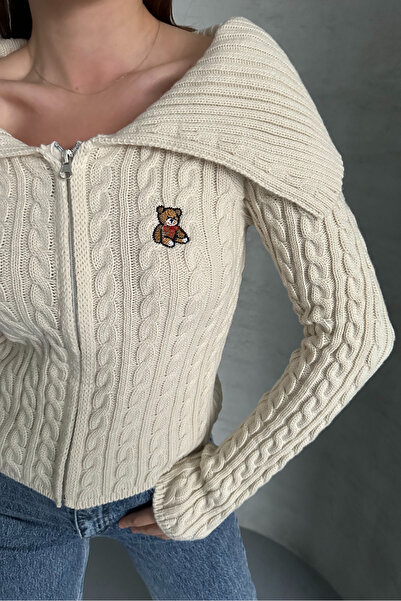 macharel jeans Ayıcık Desenli Devrik Yaka Fermuarlı Triko Hırka