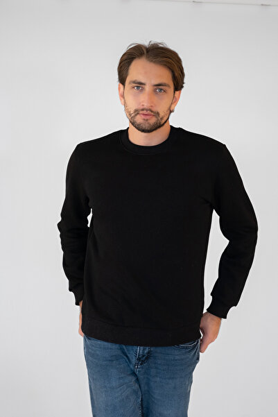 TEVOOY سويت شيرت أسود للجنسين - 3 خيوط، مقاس عادي، كم طويل، ريش من الداخل