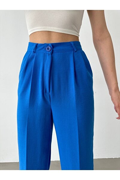 BEJNA Pantaloni Palazzo plisați cu talie înaltă de in albastru pentru femei