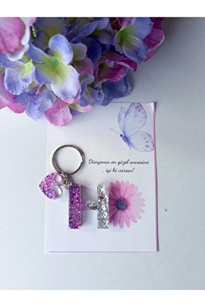 demirbasavm سلسلة مفاتيح إيبكسي مصنوعة يدويًا على شكل حرف H لعيد الأم