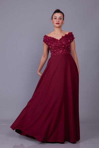 Bidoluelbise Burgundy Boat Neck Floral Tulle Detail Maxi Dress
