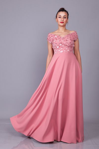 Bidoluelbise Dusty Rose Boat Neck Floral Tulle Detail Maxi Dress