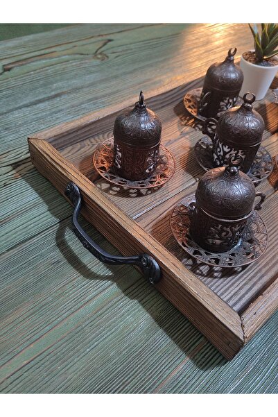 movipazar Ahşap Eskitme Boyalı Country Tarz Kahve & Çay Sunum Tepsisi