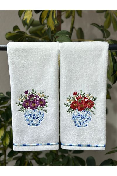 Home Sibelart Vase Pattern Embroidered 2 Kitchen Towels 30*50cm Sizes
