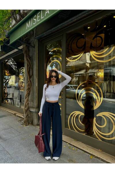 SHEYMA بنطال BUTIK بخصر مطاطي وأربطة وتفاصيل خياطة العشب