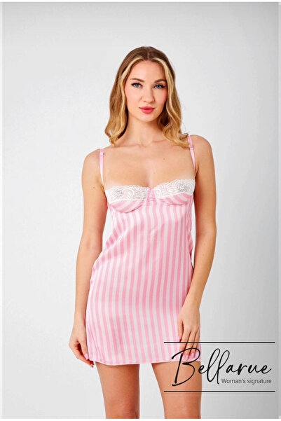 Bellarue Kadın Saten Pembe Beyaz Çizgili Dantelli Göğüs Kaldıran Balenli Beli...