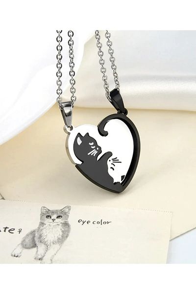 İYİ MODA 2Pcs Yin Yang Cat Necklace Double Heart Lover Couple Friend Necklace