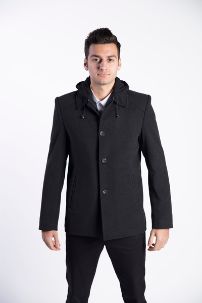 SPOSO Erkek Füme Rengi Çıkma Kapşonlu Kaşe Kısa Kaban