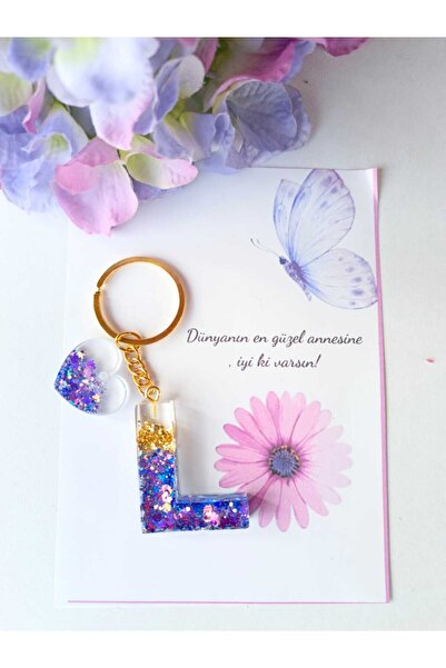 demirbasavm سلسلة مفاتيح إيبكسي مصنوعة يدويًا على شكل حرف L لعيد الأم