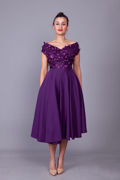 Bidoluelbise Plum Boat Neck Floral Tulle Detail Midi Length Evening Dress