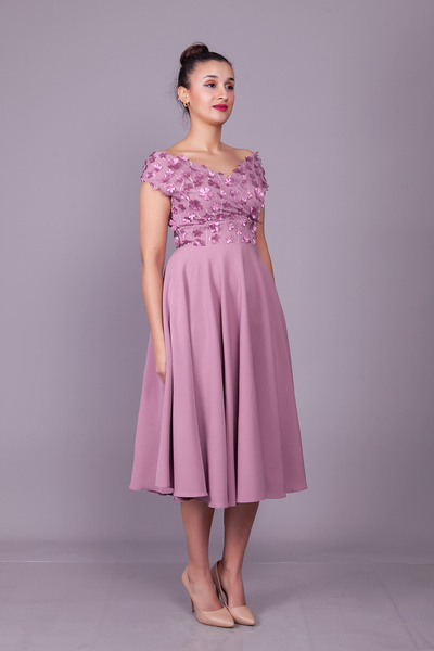 Bidoluelbise Koyu Gül Kayık Yaka Çiçekli Tül Detay Midi Boy Abiye Elbise