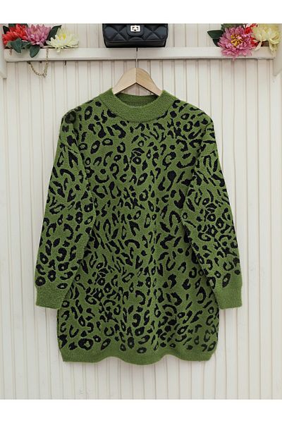 Modamorfo Half-Necked Patterned Soft Knitwear Tunic -F.Green