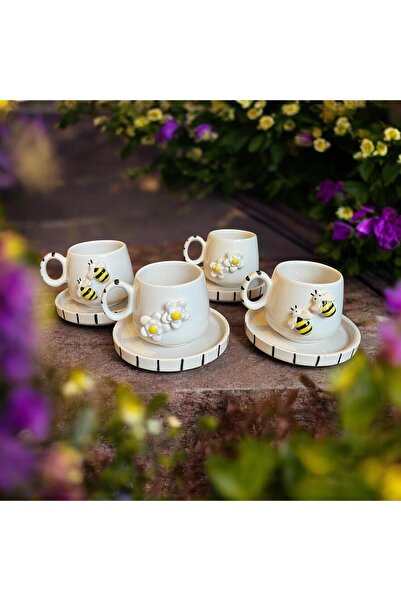 DDHANDMADE 4 Adet El Yapımı Seramik Tasarım Papatya , Arı Desenli Türk Kahvesi Fincanı , Sevgililer Günü
