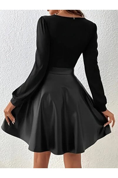 Viyamo Yeni Sezon Kadın Uzun Kollu Üst Viskon Alt Kloş Deri Elbise(KEMERSİZ)