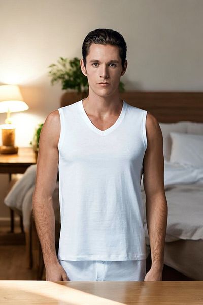 Eros Tricou bărbați din 2 piese cu decolteu în V - 100% bumbac, fără mâneci T1.TG01WV15e