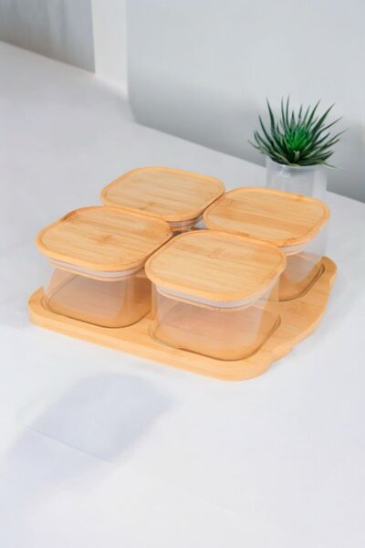 Sezka Life طقم إفطار زجاجي مكون من 4 قطع مع أغطية من الخيزران وقاعدة من الخيزران