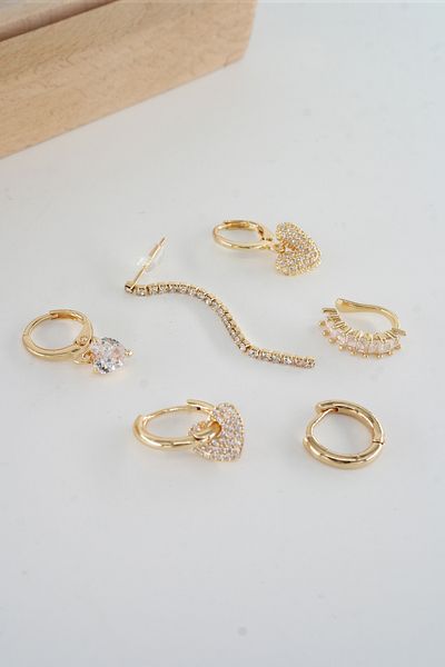 ARTEMİSİA Women's Vip Series Helix Heart Figured Baguette Zircon Stone Cartilage 6-Piece Earring Set