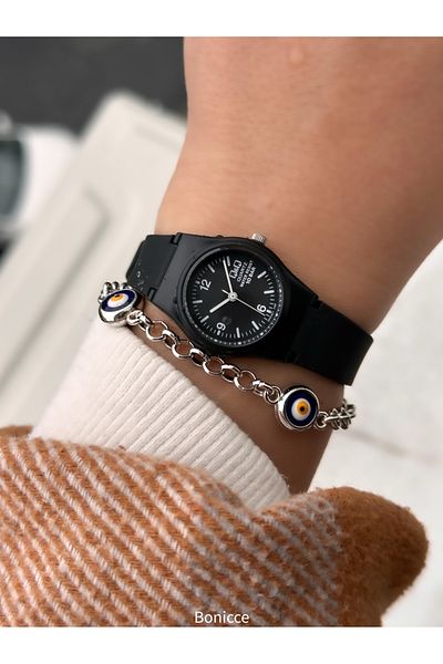 Q&Q Brand Black Color Silicone Cord Small Case Numeral Wrist Watch+Bracelet