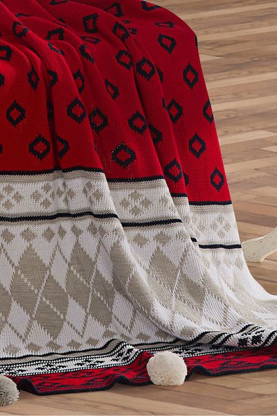 DOUX HOME Red Diamond Knitwear with Tv Blanket - 10 Pompoms 130X170